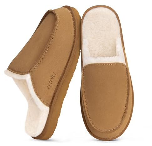 FITORY Men's Warm Suede Slippers,Winter Comfy Casual Fuzzy Lined Leather House Shoes for Indoor Outdoor Size 6.5-13.5