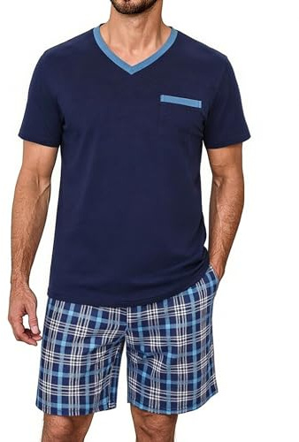 Litherday Pyjama Homme Coton Été Court Ensembles de Pyjama Homme Short à Manches Courtes avec Col en V Vêtements de Nuit Hommes à Carreaux Deux Pièces