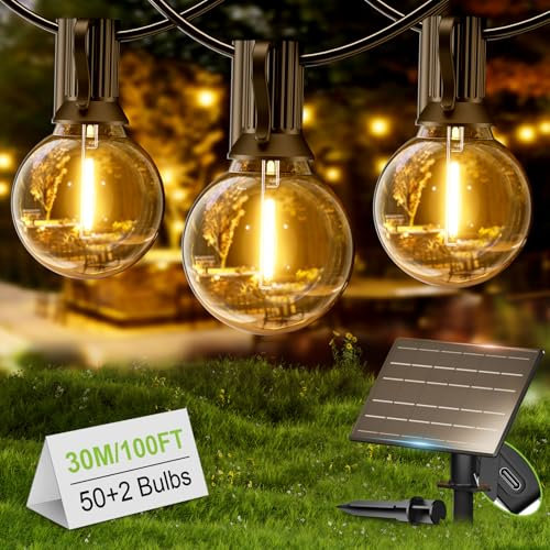 Yuusei Solar Lichterkette Aussen, 30M LED Lichterkette Außen Glühbirne, 50+2 Warmweiß G40 Birnen Wasserdicht 4 Modus Outdoor Lichterkette für Outdoor, Party, Hochzeit, Terrasse und Innen