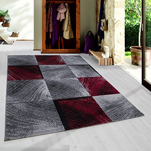 SIMPEX Kurzflor Teppich, Kariertes Design, Rot, 140 x 200 cm, moderner Stil, Pflegeleicht, Teppich Wohnzimmer, Schlafzimmer