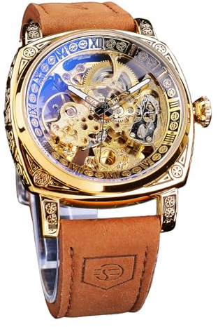 FORSINING Watches for Man, Square Retro Mechanical Watch Self-Wind Carved, Skeleton Automatic Watches Vintage Leather Strap Wristwatch
