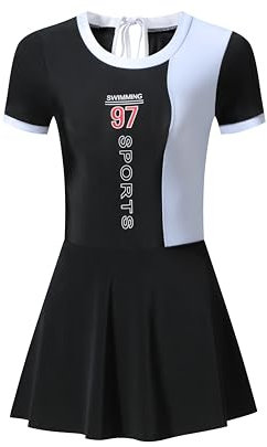 HEARTTOUCH Bademode für Mädchen Badekleid Badeanzug UV-Schutz Baderock mit Shorts Badekappe Schwimmbrille Schwimmanzug Beachwear (A Schwarz,XXL,9 Jahre,11 Jahre)