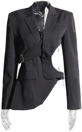 OWEIEYEU Damen Hohl Rückenfrei Blazer Gekerbter Kragen Patchwork Knopf Unregelmäßiger Blazer, Schwarz , M