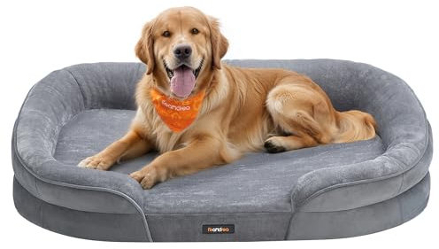 Feandrea Dog Bed, Large Orthopaedic Dog Sofa Bed, 106 x 76 x 18 cm, Egg Crate Foam, Waterproof Liner, Raised Edges, Removable and Machine Washable Cover, Non-Slip, Light Grey PGW283G01