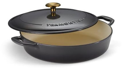 Tramontina Enameled Cast Iron Braiser Pan with Lid, 4-quart, Smoke with Gold Knob
