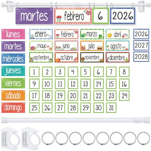 Kosiz Juego de tablón de anuncios con calendario de regreso a clases en | Calendario en español, imprescindible para profesores de preescolar, incluye tarjeta de fecha, esencial para el aula para el