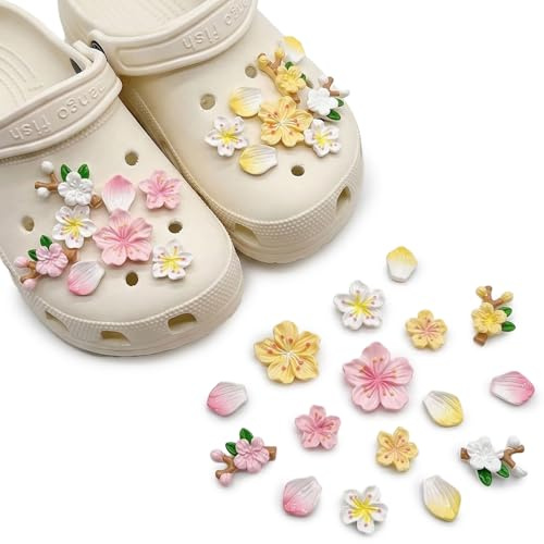 JYXNU 16 pcs Charms flor, Adornos de Zapatos, Lindo Encantos de para Clog Sandalias, Moda Charms Accesorios, Ostentosos Decoración del Zapato, Regalo de Cumpleaños para Niñas Mujeres, Rosa amarillo
