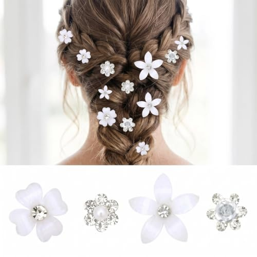 24 Piezas Horquillas para el pelo de flores pequeñas, Mini Perla para El Cabello, Mini horquillas con flores blancas y strass, Pétalos Decorativas Horquillas Pequeñas