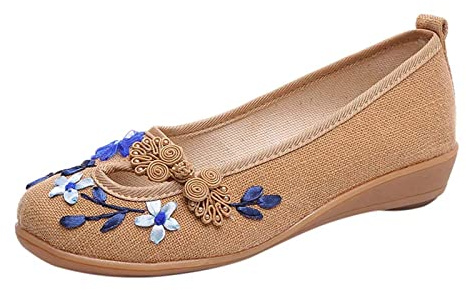 Generico Sandali Donna Estive con Zeppa Platform Eleganti Scarpe da Donna In Cotone E Lino In Stile Etnico con Ricamo Floreale Scarpe Di Stoffa Zeppa Sandali Plateau (Beige,39)