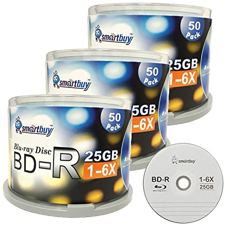 Smartbuy 150-disc 25gb 6X Bd-r BDR Blu-ray Single Layer Logo Top Surface Blank Data Recordable Media Disc with Cakebox/Spindle Packing