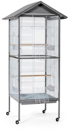 Prevue Pet Products Aviary Large Flight Cage - Powder‑Coated Standing Metal Bird Cage with Wheels, Perches, Feeders & Removable Tray, Ideal for Parakeets, Cockatiels, Canaries & Small Birds - Grey