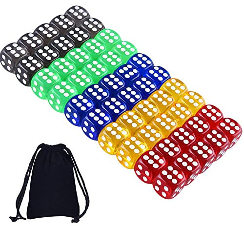 SIQUK 50 Stück Spielwürfel Set 5 transluzente Farben 6-seitige runde Eckenwürfel mit kostenloser Aufbewahrungstasche für Spiele wie Tenzi, Farkle, Yahtzee, Bunco oder Teaching Math