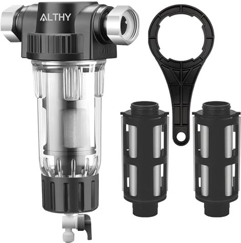ALTHY Whole House Spin Down Sediment Water Filter, Reusable Flushable Prefilter, Backwash Pre-Filtration System for City/Well Water, G3/4 + G1/2, 40-Micron Filtration Accuracy
