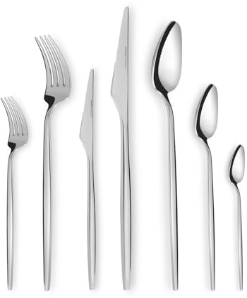 Karaca Moongate 84-Piece 316+ Stainless Steel Cutlery Set for 12, Silver Luxury Knife Fork & Spoon Set, Rust & Corrosion Resistant, Dishwasher Safe Flatware for Elegant Dining