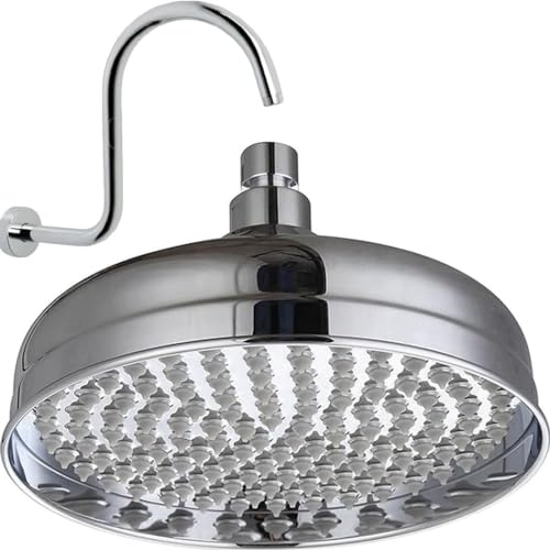 ZOVO Pomme de Douche Fixe Retro 8 / 20 cm, Ronde, Pluie. Jets Anti-Calcaire 140 pcs. Finition Chromée, Corps en Laiton Massif. Joint Tournant 1/2. Type Classique, Antique. Bras de Douche Gratuit.