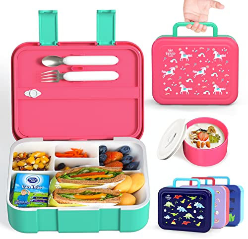 Lehoo Castle Bento Lunch Box for Kids, 1250ml Girls Lunchbox with 5 Compartments, Toddler Lunch Containers with Spoon&Fork, Sauce Jar, Leakproof, BPA-Free(Unicorn)