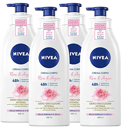 Nivea Crema Corpo Rosa & Argan 48h Formula con Ingredienti di Origine Naturale Azione Idratante Ammorbidente Illuminante Pelle Normale o Secca Texture Leggera Effetto Seta - 4 Flaconi da 500ml