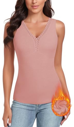 WOWENY Termoundertröja för kvinnor, tanktopp med spets, ärmlös vinter, termoskjorta, V-ringad, varm väst, undertröja, camisole, underkläder, fleecetröja, ROSA, M