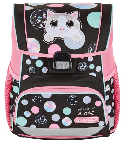 HERLITZ Loop Cute Cat Schulranzen, Rucksack für Kinder, Schulrucksack 17L, Kinderrucksack, Leicht Schultasche für Mädchen, Reflexmaterial, Schnallenverschluss, Ergonomische Form, Schwarz Rosa