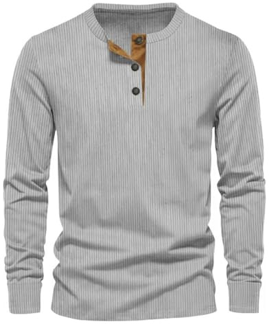 MakingDa Corduroy Chemise Henley Hommes Manches Longues Slim Fit Bouton Pull Sweatshirt Vintage Doux Léger Casual Classique Travail Top Gris XL