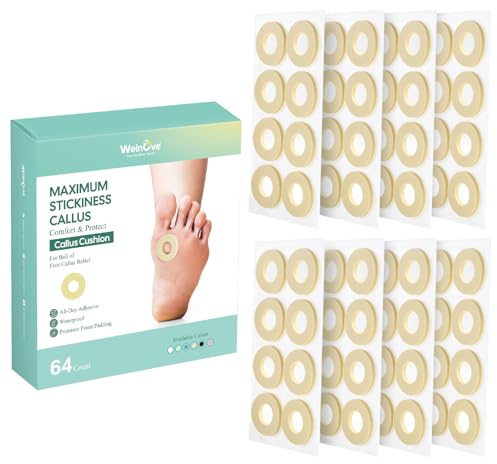 Welnove Cojines de maíz para dedos de los pies – 64 cojines de callos con adhesivo autoadhesivo resistente al agua, proporcionan amortiguación y reducen el dolor de la fricción de los callos, protege