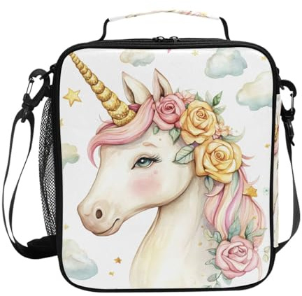 UMIRIKO Kids Lunch Bag Watercolor Unicorn Face Glitter Horn Insulated Lunch Box with Shoulder Strap for School Toddler Boys Girls Reusable Cooler Tote Bag Thermal Meal Kit 202c1016