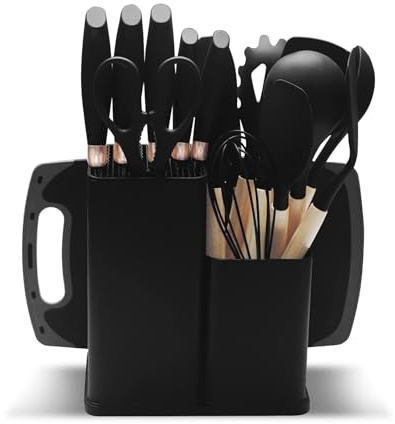 Set Utensili da Cucina in Silicone 19 Pezzi Include Set Coltelli da Cucina 5 Pezzi 12 Utensili in Silicone 1 Forbice Tagliere e Portacoltelli per Pentole Antiaderenti