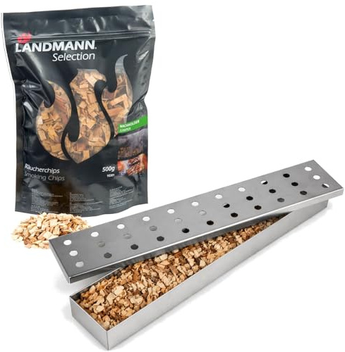 BURI Landmann - Set per affumicatore in acciaio inox + 500 g di trucioli per affumicatura, per barbecue a gas, barbecue a carbonella, barbecue elettrico, accessori per barbecue