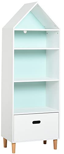 HOMCOM Libreria Scaffale Portagiochi per Cameretta Bimbi e Ragazzi, 1 Cassetto e 4 Ripiani, Bianca e Azzurra 50x30x142cm