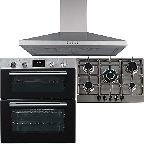 SIA 60cm DO111SS Stainless Steel Double Electric Oven, 70cm SSG601SS 5 Burner Gas Hob With Cast Iron Pan Stands & 70cm CHL70SS Chimney Cooker Hood