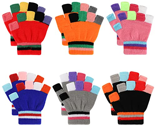 Jupsk 6 Pezzi Guanti Invernali per Bambino Ragazzi Ragazze 4-10 anni, Guanti Senza Dita Muffole Colorato Gloves Warm Stretch Magic Glove