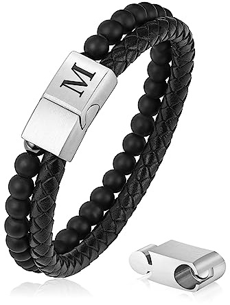 LUXEJEW Mens Bracelet - Black Initial M Beaded Bracelets for Men 6mm Matte Agate Beads Stone Mens Leather Bracelets Valentines Day Anniversary Birthday Gifts for Men Him Husband Boyfriend