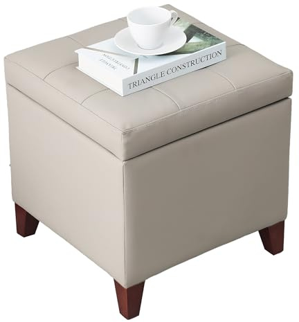Adeco 18 Square Storage Ottoman, Premium Faux Leather Lift-Top Footrest & Coffee Table, Modern Upholstered Cube with Sturdy Wood Legs, Extra Seat for Living Room, Bedroom - Elephant Grey