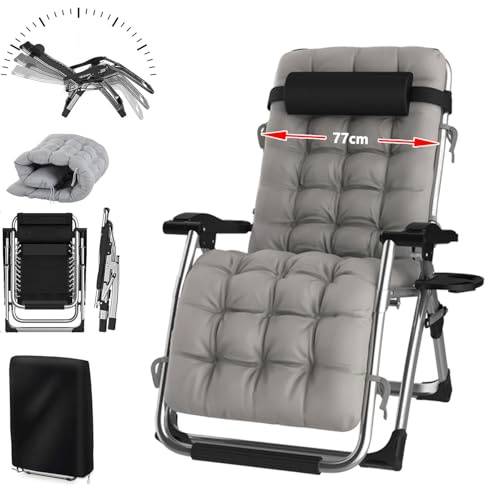 YOIZO Sedia Sdraio Pieghevole 77cm, con Cuscino, per Esterni, Senza Peso, Regolabile, per Patio, Giardino, Spiaggia, Piscina, portante 260 kg (Grigio)