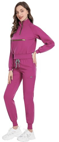 Scrubspro Scrub for Women Set-Long Sleeve Scrub Top with Zipper & Jogger Pants Medical Uniform Suit (Hot Pink,M)