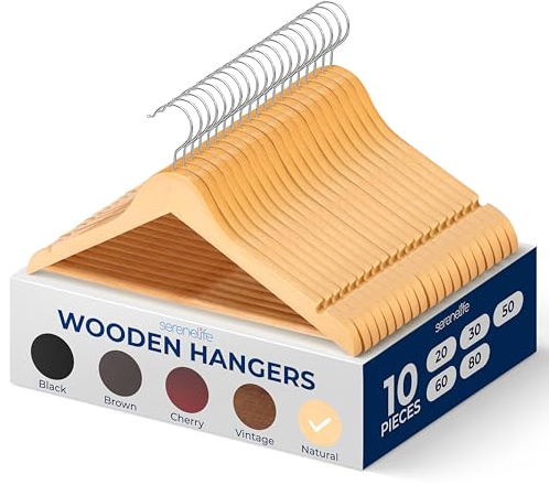 SereneLifeHome Perchas Madera, Ropa, Pack de 10, Antideslizantes, con Gancho Giratorio de 360°