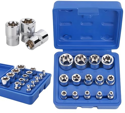 LEKEFETO Juego de 14 llaves de vaso Torx para exteriores de 1/2, 1/4, 3/8, Torx E E4-E24 de CR-V, juego de extractor de tuercas, juego de llaves de vaso en espiral