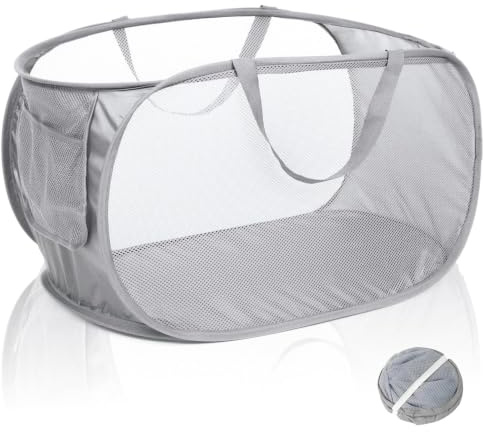 Durable Collapsible Mesh Laundry Hamper Pop Up with Handles & Side Pocket | Foldable breathable washing basket with reinforced carry grips, side pouch, ideal for home dorm & travel space-saving storage