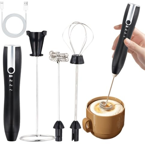 Shengxi Espumador de Leche Eléctrico, Batidora de leche con 2 Varillas, USB Recargable Batidor de leche Electrico con Soporte, Espumador de Leche Portátil 3 Velocidades para Café, Matcha, Capuchino