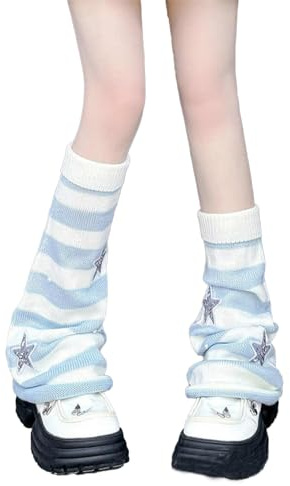 Zocvyi Striped Leg Warmers for Women Kawaii Star Leg Warmers Knitted Flared Leg Sleeves Gothic Harajuku Leg Cover Stockings (Blue-Star, One size)