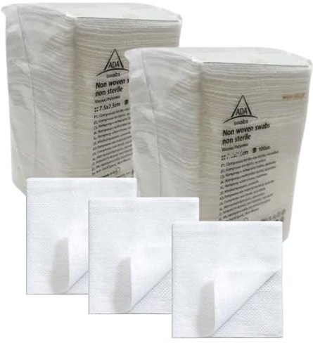 Pack de 200 gasas de máxima calidad y absorción, gasas de 4 capas no tejidas para cura de heridas, desinfección de la piel, aplicación de cremas, limpieza de material. fabricación europea
