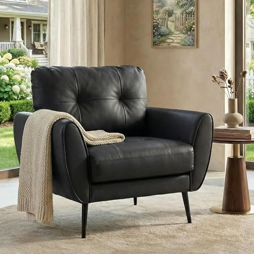 GRAVFORCE Armchair Comfy Living Room Chair PU Leather Accent Chairs Rounded Armrests Armchair Chairs for Office Bedroom Reading Room Black