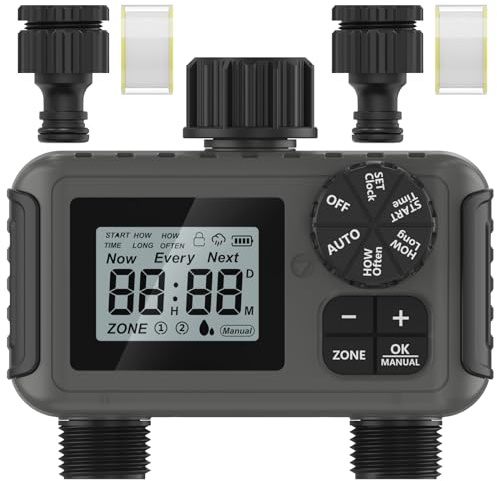 Bewässerungscomputer 2 Ausgänge, Großem LED-Display, Bewässerungs-Timer mit Regenverzögerung/manueller Übersteuerung/Wasserhahn-Timer, geeignet für Gärten, Rasenflächen und Topfpflanzen.