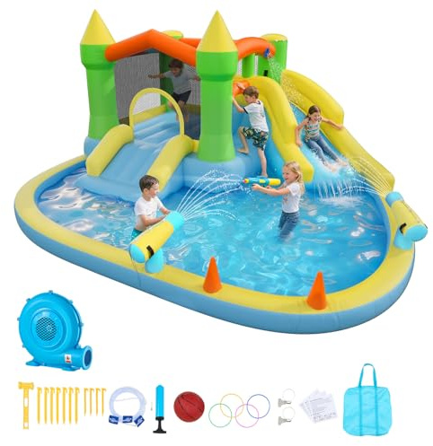 VEVOR Castello Gonfiabile da Esterno per Bambini 382 x 398 x 197 cm con Scivolo Piscina Gioco d'Acqua, Castello Gonfiabile Capienza ca. 3-4 Bambini per Età 3–8 Anni, Carico max. 160 kg
