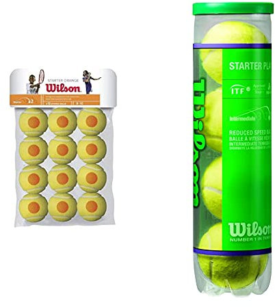 Wilson Tennisbälle Starter Orange für Kinder, gelb/orange, 12er Pack, WRT137200 & Tennisbälle Starter Play Green für Kinder und Jugendliche, Gelb, 4er Dose, WRT137400