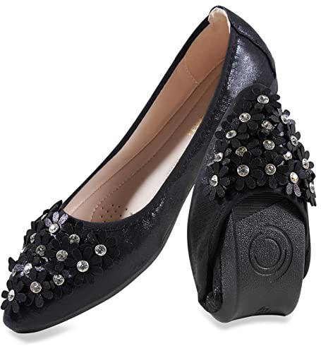 MACHSWON Ballet Flats for Women Comfortable Women's Flats Sparkly Flower Rhinestone Slip on Pointed Toe Flats Shoes Women(Black, Size 6)
