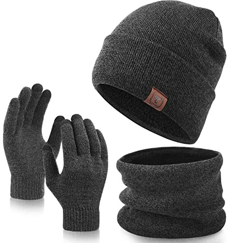 OZERO Mens 3 Piece Winter Hat Scarf Gloves Set, Warm Fleece Lined Beanie, Snood Neck Warmer and Touchscreen Gloves for Work Commute, Dog Walking, Travel Gifts