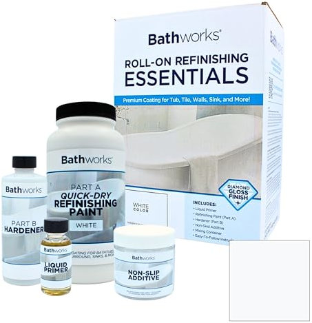 Bathworks Quick-Dry Essentials Roll-On Refinishing Kit – 22 fl oz White – High-Gloss Resin Coating with Non-Slip Additive – 12-Hour Dry Time – For Bathtubs, Tile, Sinks & Showers – Coating Materials Only