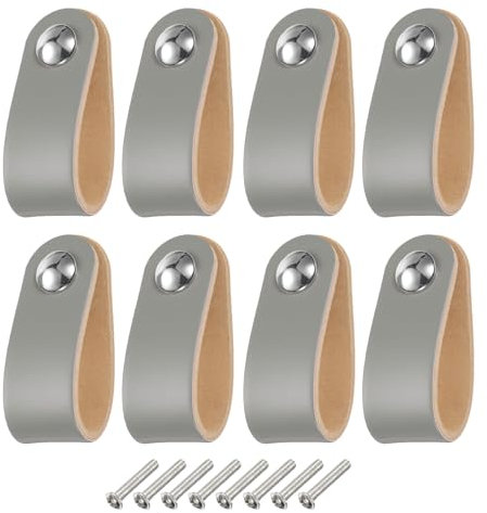 QUARKZMAN 8 Pcs Poignées de Tiroir en Cuir, Boutons de Tiroir en Cuir à Un Trou Poignées de Meuble de Commode avec Vis pour Commodes Tiroirs Placards Cuisine, Gris/Argent