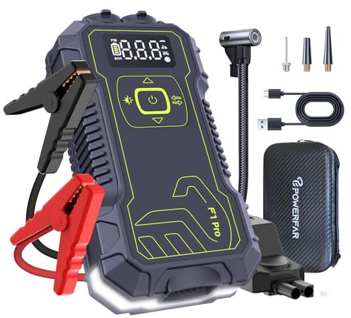 POWERFAR Starthilfe Powerbank 5000A mit 160PSI Kompressor & QC3.0 USB-C Schnellladung - Powerbank Auto Starthilfe 12V (bis 10.0L Benzin / 9.0L Diesel), LED-Taschenlampe 600 Lumen.